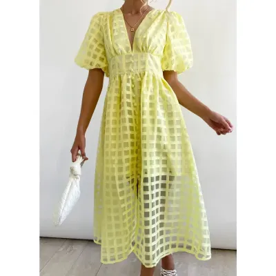 V-NECK LANTERN SLEEVE DRESS